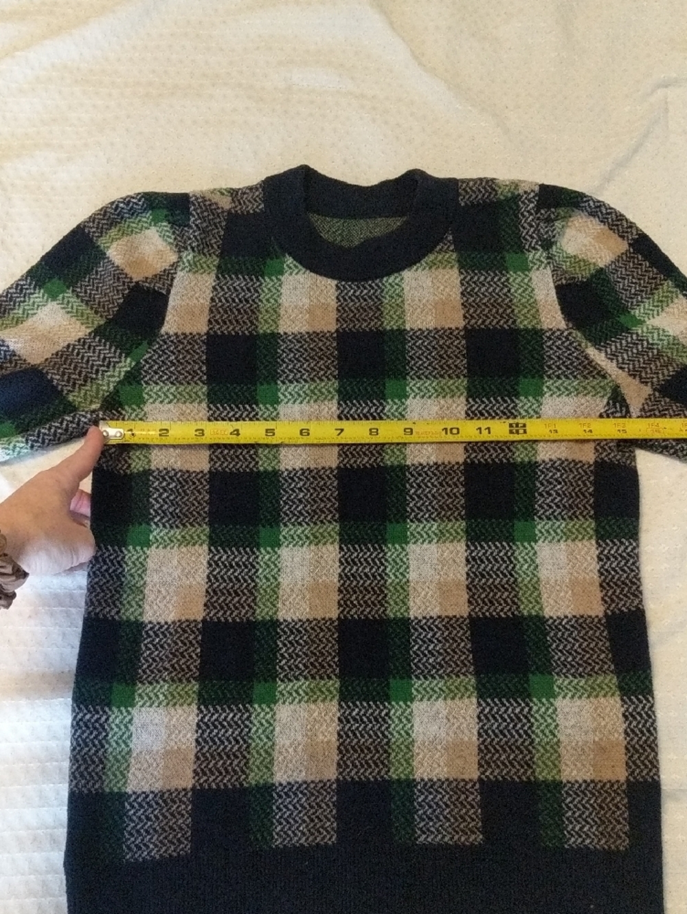 Ann Taylor Plaid Puff Sleeve Sweater Green Navy Knit XS Measurements - Picture 6 of 11